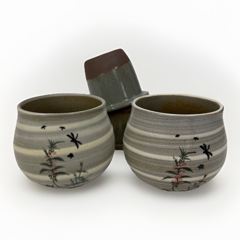 VTG Japanese Studio‎ Art Pottery Tea Cup & Infuser Hand Painted Dragonfly Floral